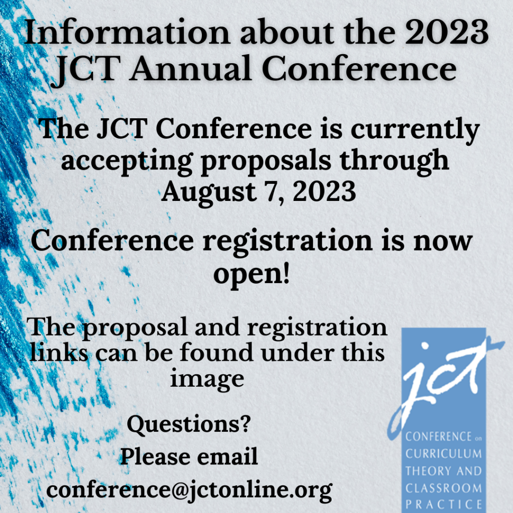 Information about the 2023 JCT Annual Conference 

The JCT Conference is currently accepting proposals through August 7, 2023.

Conference registration is now open!

The proposal and registration links can be found under this image.

Questions? Please email conference@jctonline.org 